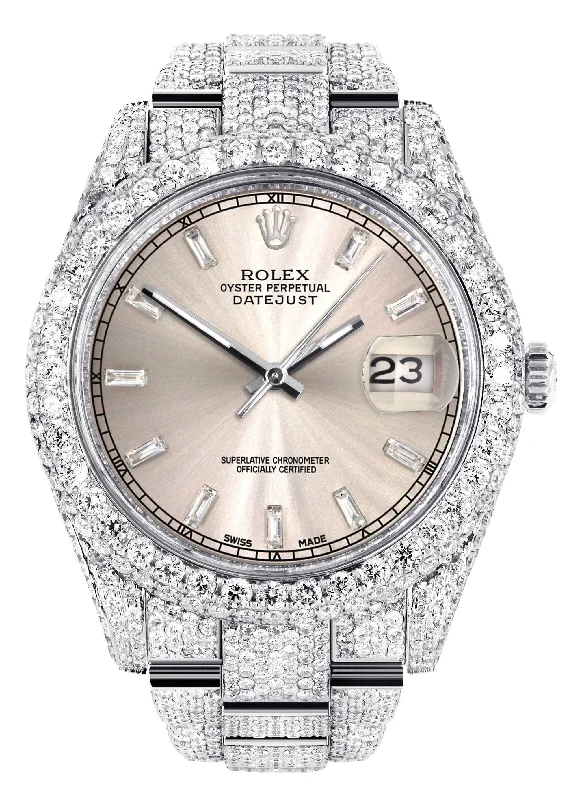 Diamond Iced Out Rolex Datejust 41 | 25 Carats Of Diamonds | Custom Dawn Pink Dial | Two Row | Oyster Band