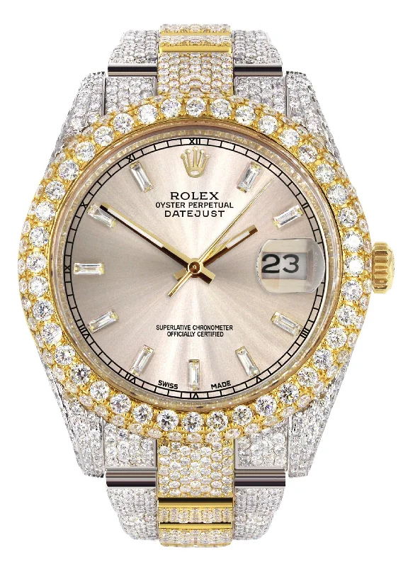 Diamond Iced Out Rolex Datejust 41 | 25 Carats Of Diamonds | Custom Dawn Pink Dial | Two Tone | Two Row | Oyster Band