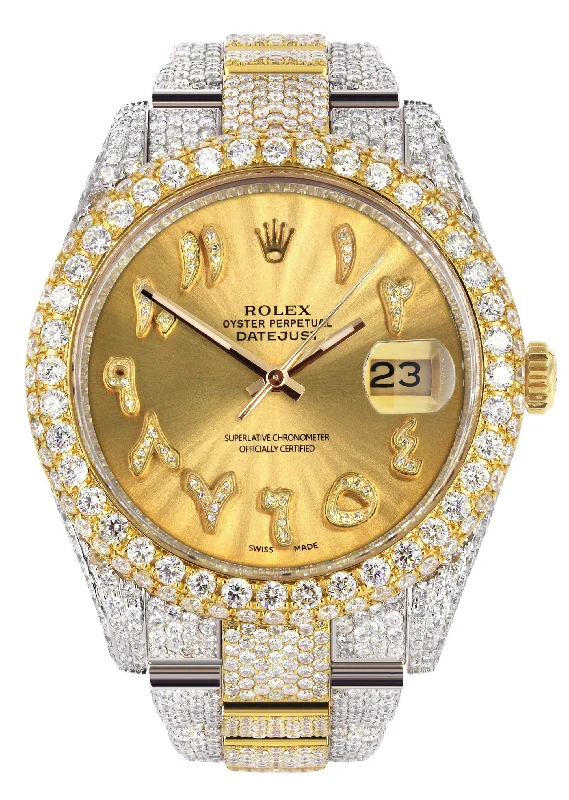 Diamond Iced Out Rolex Datejust 41 | 25 Carats Of Diamonds | Custom Gold Arabic Numeral Diamond Dial | Two Tone | Two Row | Oyster Band