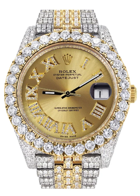 Diamond Iced Out Rolex Datejust 41 | 25 Carats Of Diamonds | Custom Gold Roman Numeral Diamond Dial | Two Tone | Jubilee Band