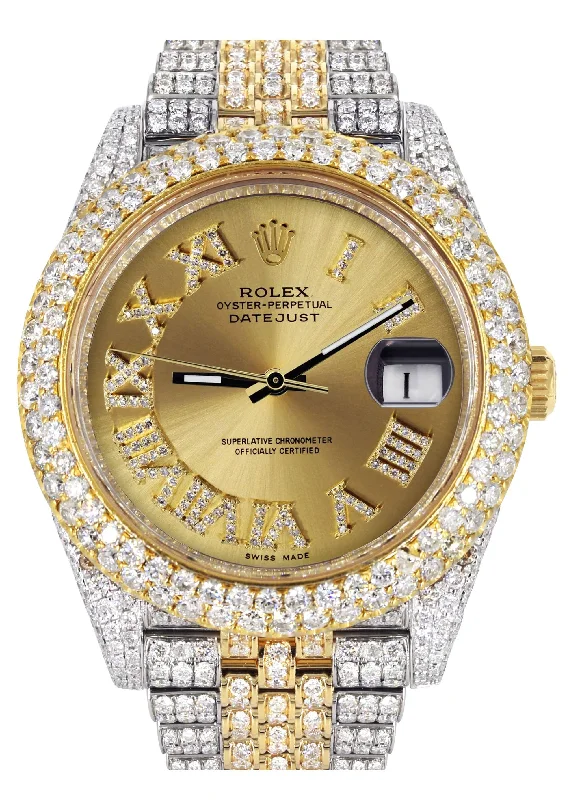 Diamond Iced Out Rolex Datejust 41 | 25 Carats Of Diamonds | Custom Gold Roman Numeral Diamond Dial | Two Tone | Two Row | Jubilee Band