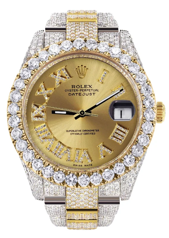 Diamond Iced Out Rolex Datejust 41 | 25 Carats Of Diamonds | Custom Gold Roman Numeral Diamond Dial | Two Tone | Oyster Band