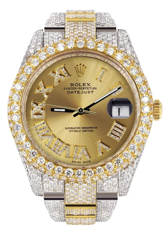 Diamond Iced Out Rolex Datejust 41 | 25 Carats Of Diamonds | Custom Gold Roman Numeral Diamond Dial | Two Tone | Two Row | Oyster Band