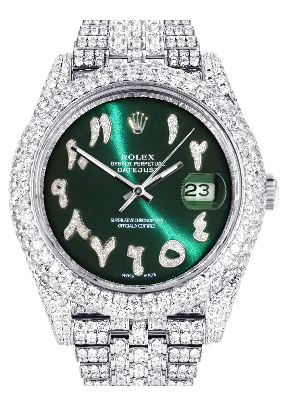 Diamond Iced Out Rolex Datejust 41 | 25 Carats Of Diamonds | Custom Green Arabic Numeral Diamond Dial | Two Row | Jubilee Band