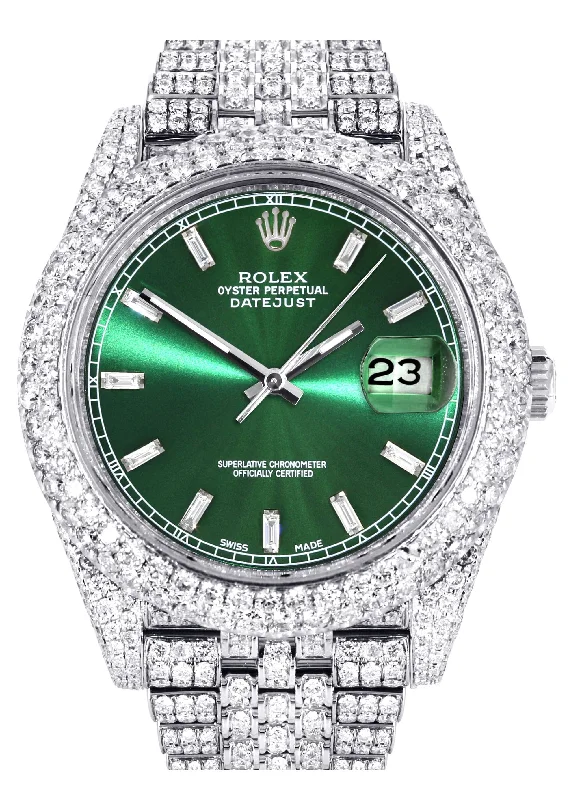 Diamond Iced Out Rolex Datejust 41 | 25 Carats Of Diamonds | Custom Green Diamond Dial | Two Row | Jubilee Band