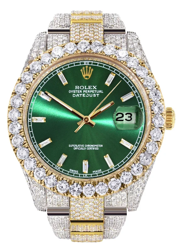 Diamond Iced Out Rolex Datejust 41 | 25 Carats Of Diamonds | Custom Green Diamond Dial | Two Tone | Oyster Band