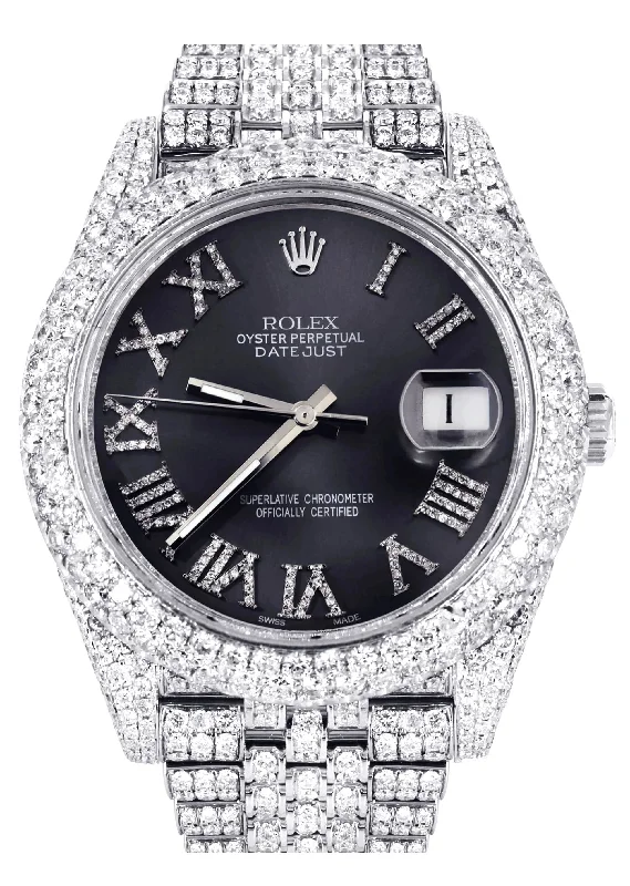 Diamond Iced Out Rolex Datejust 41 | 25 Carats Of Diamonds | Custom Grey Roman Numeral Diamond Dial | Two Row | Jubilee Band