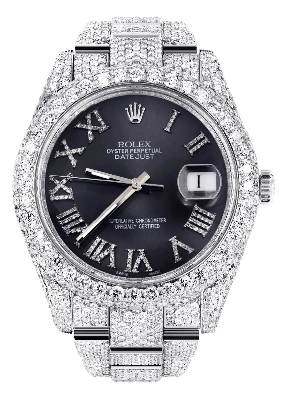 Diamond Iced Out Rolex Datejust 41 | 25 Carats Of Diamonds | Custom Grey Roman Numeral Diamond Dial | Two Row | Oyster Band