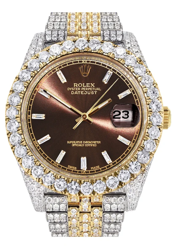 Diamond Iced Out Rolex Datejust 41 | 25 Carats Of Diamonds | Custom Morocco Brown Dial | Two Tone | Jubilee Band