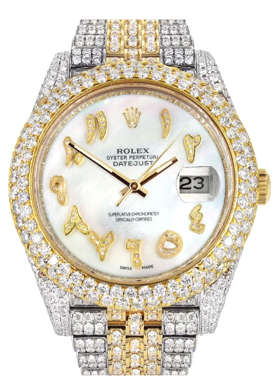 Diamond Iced Out Rolex Datejust 41 | 25 Carats Of Diamonds | Custom Mother of Pearl Arabic Numeral Diamond Dial | Two Tone | Two Row | Jubilee Band