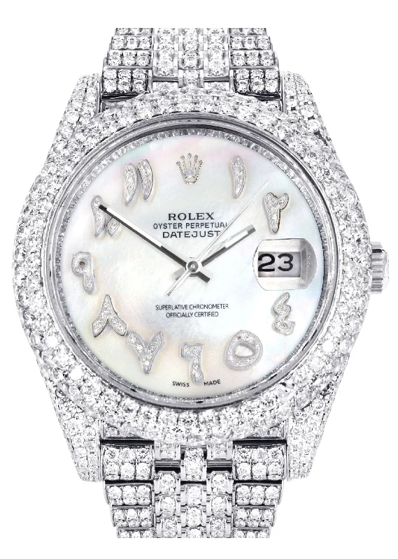 Diamond Iced Out Rolex Datejust 41 | 25 Carats Of Diamonds | Custom Mother of Pearl Arabic Numeral Diamond Dial | Two Row | Jubilee Band