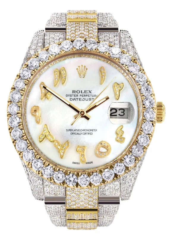 Diamond Iced Out Rolex Datejust 41 | 25 Carats Of Diamonds | Custom Mother of Pearl Arabic Numeral Diamond Dial | Two Tone | Oyster Band