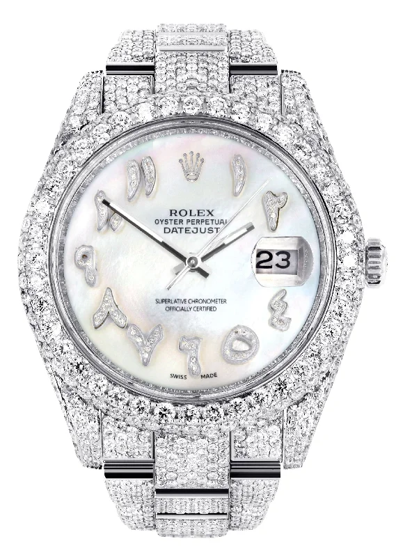 Diamond Iced Out Rolex Datejust 41 | 25 Carats Of Diamonds | Custom Mother of Pearl Arabic Numeral Diamond Dial | Two Row | Oyster Band