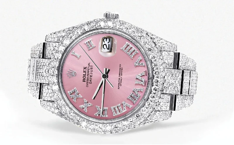 diamond-iced-out-rolex-datejust-41-25-carats-of-diamonds-custom-pink-roman-numeral-diamond-dial-oyster-band