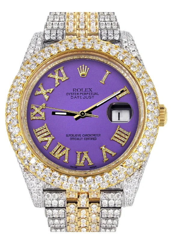 Diamond Iced Out Rolex Datejust 41 | 25 Carats Of Diamonds | Custom Purple Roman Numeral Diamond Dial | Two Tone | Two Row | Jubilee Band