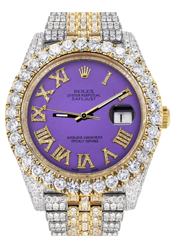 Diamond Iced Out Rolex Datejust 41 | 25 Carats Of Diamonds | Custom Purple Roman Numeral Diamond Dial | Two Tone | Jubilee Band