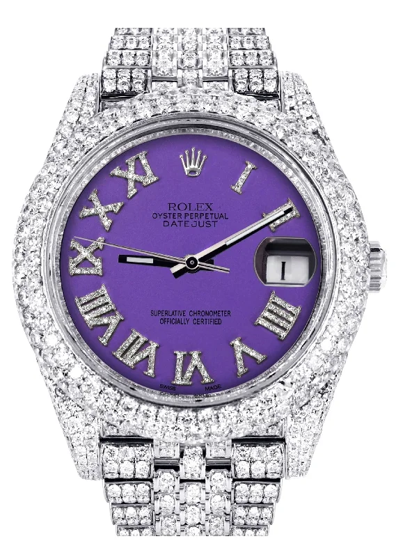 Diamond Iced Out Rolex Datejust 41 | 25 Carats Of Diamonds | Custom Purple Roman Numeral Diamond Dial | Two Row | Jubilee Band