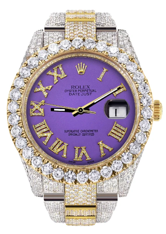 Diamond Iced Out Rolex Datejust 41 | 25 Carats Of Diamonds | Custom Purple Roman Numeral Diamond Dial | Two Tone | Oyster Band