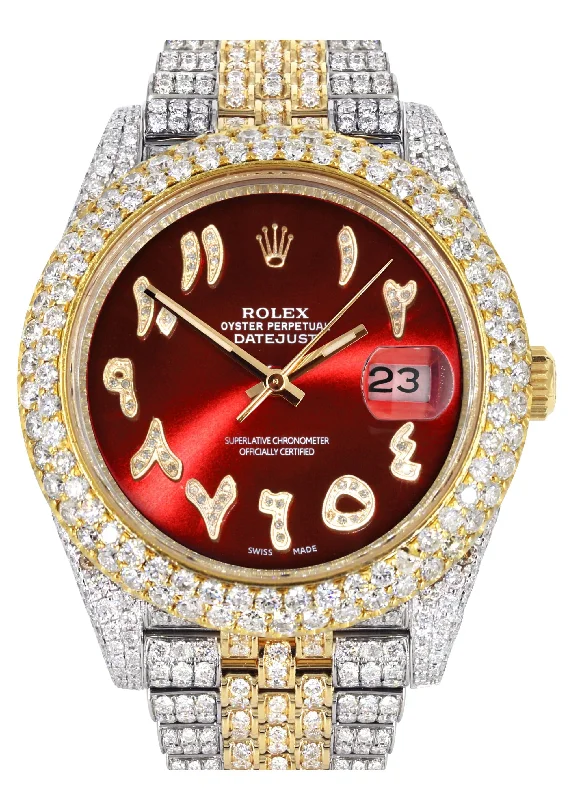 Diamond Iced Out Rolex Datejust 41 | 25 Carats Of Diamonds | Custom Red Arabic Numeral Diamond Dial | Two Tone | Two Row | Jubilee Band