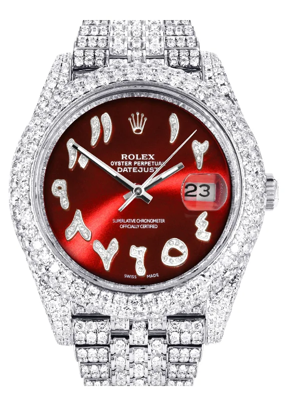 Diamond Iced Out Rolex Datejust 41 | 25 Carats Of Diamonds | Custom Red Arabic Numeral Diamond Dial | Two Row | Jubilee Band