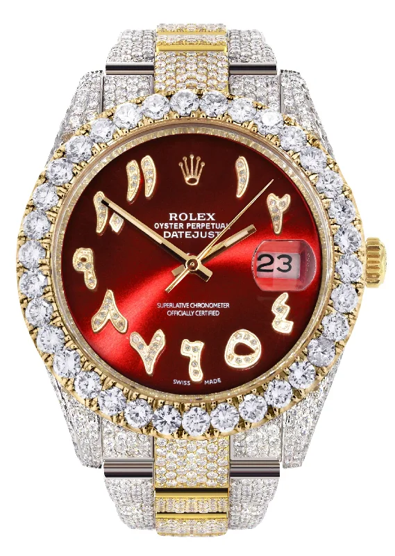 Diamond Iced Out Rolex Datejust 41 | 25 Carats Of Diamonds | Custom Red Arabic Numeral Diamond Dial | Two Tone | Oyster Band