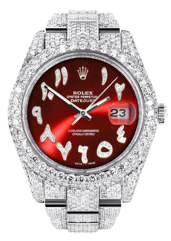 Diamond Iced Out Rolex Datejust 41 | 25 Carats Of Diamonds | Custom Red Arabic Numeral Diamond Dial | Two Row | Oyster Band