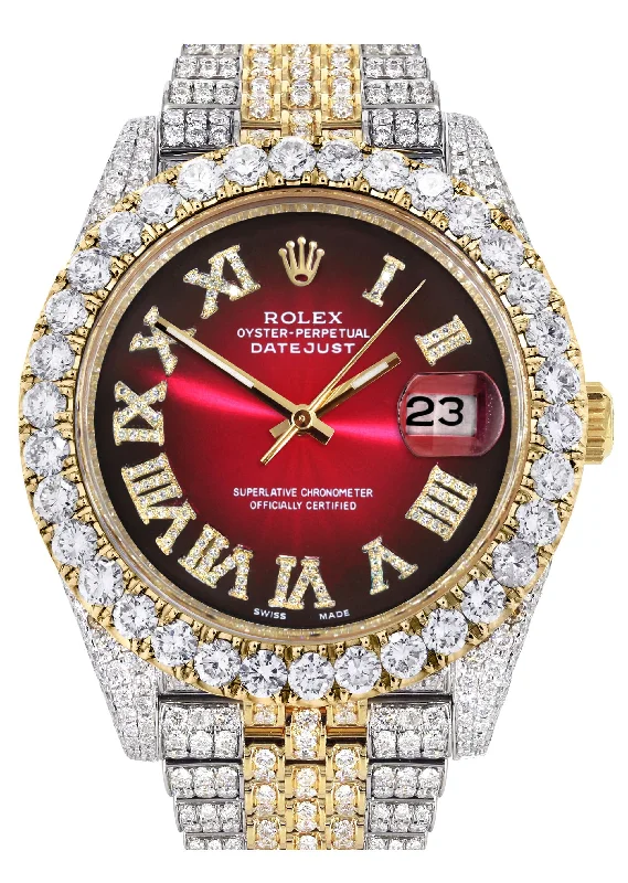 Diamond Iced Out Rolex Datejust 41 | 25 Carats Of Diamonds | Custom Red Black Dial | Two Tone | Jubilee Band