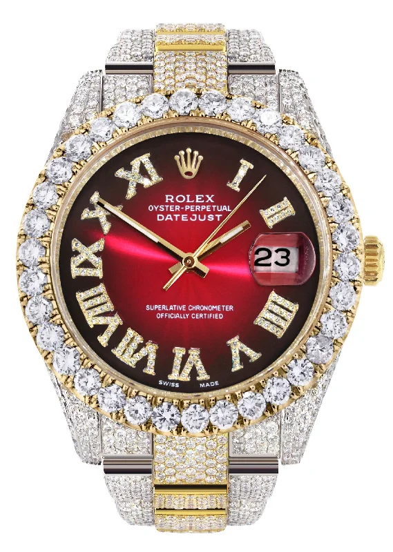 Diamond Iced Out Rolex Datejust 41 | 25 Carats Of Diamonds | Custom Red Black Roman Numeral Dial | Two Tone | Oyster Band