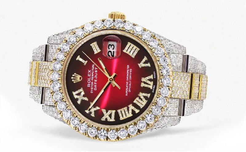 diamond-iced-out-rolex-datejust-41-25-carats-of-diamonds-custom-red-black-roman-numeral-dial-two-tone-oyster-band