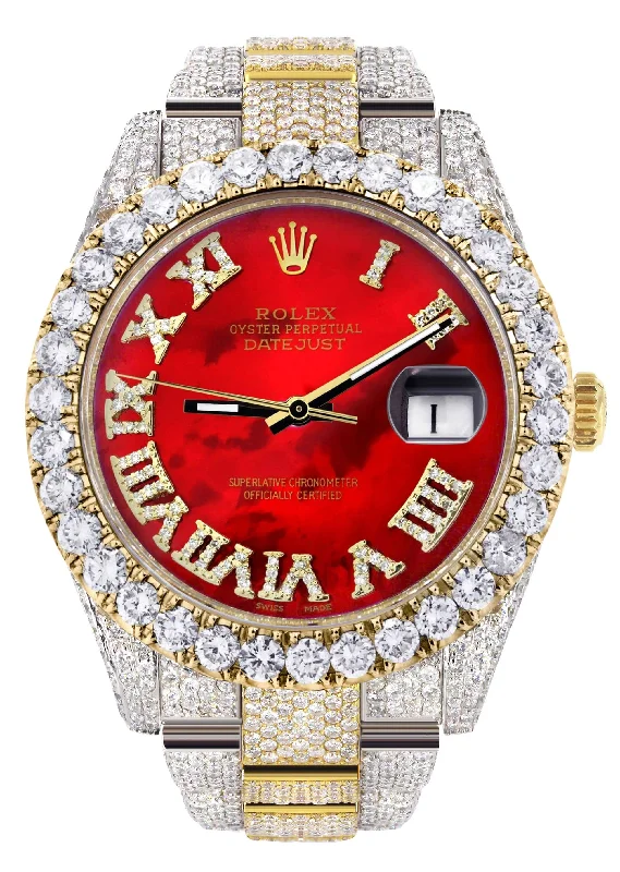 Diamond Iced Out Rolex Datejust 41 | 25 Carats Of Diamonds | Custom Red Mother of Pearl Roman Numeral Diamond Dial | Two Tone | Oyster Band