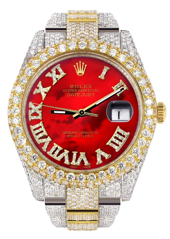 Diamond Iced Out Rolex Datejust 41 | 25 Carats Of Diamonds | Custom Red Mother of Pearl Roman Numeral Diamond Dial | Two Tone | Two Row | Oyster Band