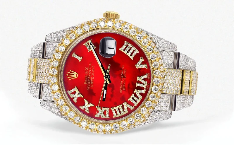 diamond-iced-out-rolex-datejust-41-25-carats-of-diamonds-custom-red-mother-of-pearl-roman-numeral-diamond-dial-oyster-band