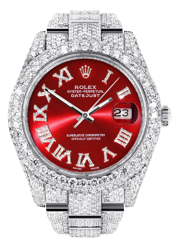 Diamond Iced Out Rolex Datejust 41 | 25 Carats Of Diamonds | Custom Red Roman Numeral Diamond Dial | Two Row | Oyster Band