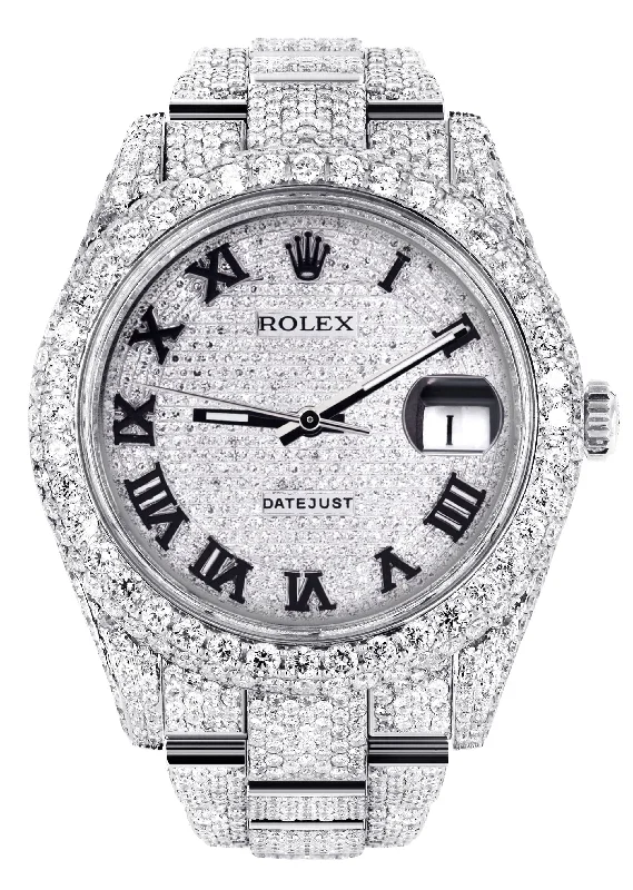 Diamond Iced Out Rolex Datejust 41 | 25 Carats Of Diamonds | Custom Roman Numeral Diamond Dial | Two Row | Oyster Band