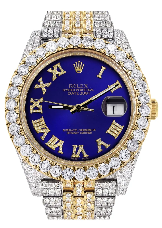 Diamond Iced Out Rolex Datejust 41 | 25 Carats Of Diamonds | Custom Royal Blue Roman Numeral Diamond Dial | Two Tone | Jubilee Band