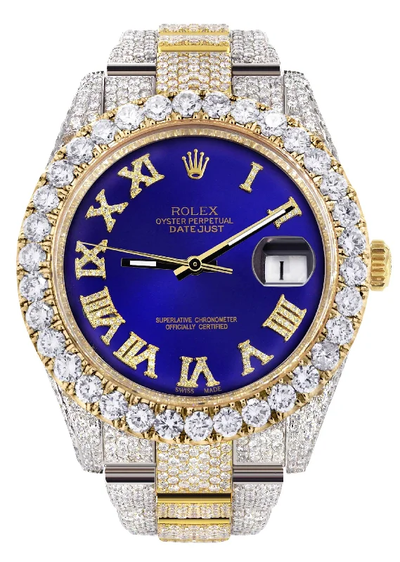 Diamond Iced Out Rolex Datejust 41 | 25 Carats Of Diamonds | Custom Royal Blue Roman Numeral Diamond Dial | Two Tone | Oyster Band