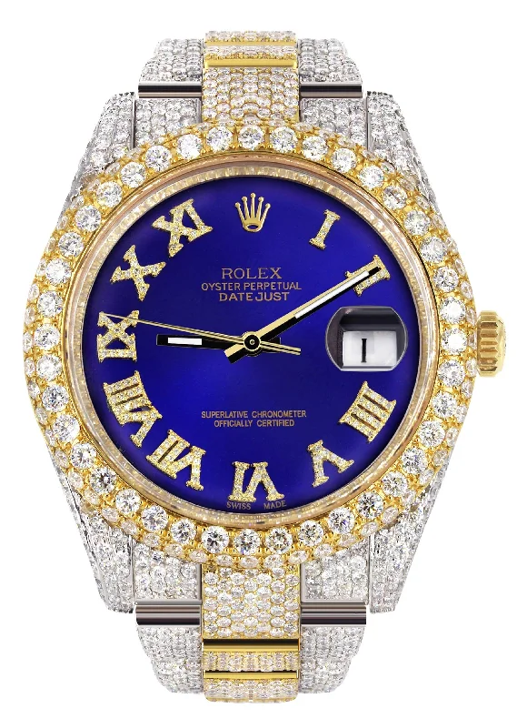 Diamond Iced Out Rolex Datejust 41 | 25 Carats Of Diamonds | Custom Royal Blue Roman Numeral Diamond Dial | Two Tone | Two Row | Oyster Band