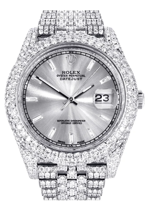 Diamond Iced Out Rolex Datejust 41 | 25 Carats Of Diamonds | Custom Silver Diamond Dial | Two Row | Jubilee Band