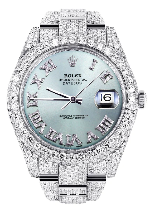 Diamond Iced Out Rolex Datejust 41 | 25 Carats Of Diamonds | Custom Teal Roman Diamond Dial | Two Row | Oyster Band