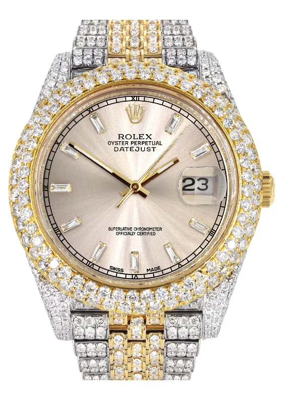 Diamond Iced Out Rolex Datejust 41 | 25 Carats Of Diamonds | Custom Dawn Pink Dial | Two Tone | Two Row | Jubilee Band