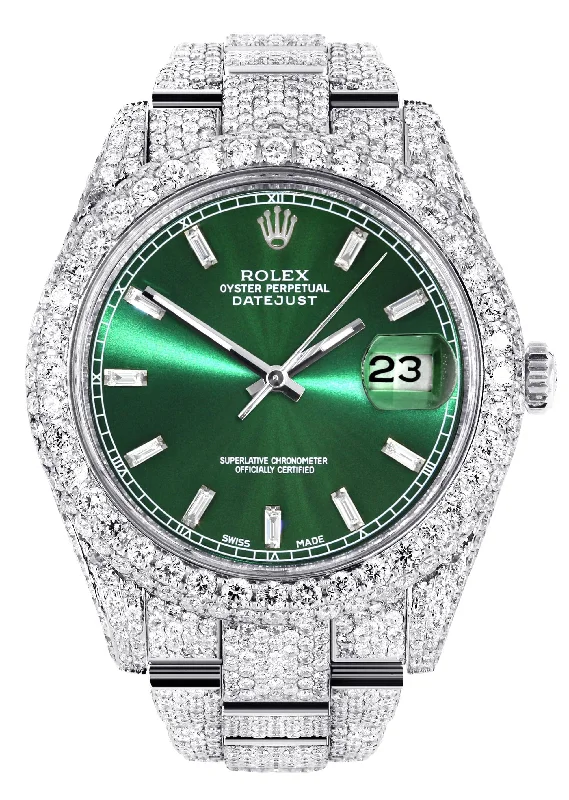 Diamond Iced Out Rolex Datejust 41 | 25 Carats Of Diamonds | Green Diamond Dial | Two Row | Oyster Band