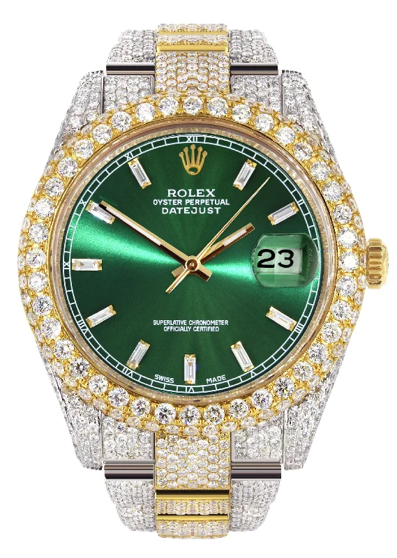 Diamond Iced Out Rolex Datejust 41 | 25 Carats Of Diamonds | Green Diamond Dial | Two Tone | Two Row | Oyster Band