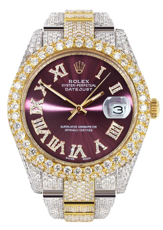 Diamond Iced Out Rolex Datejust 41 | 25 Carats Of Diamonds | Purple Roman Numeral Dial | Two Tone | Two Row | Oyster Band