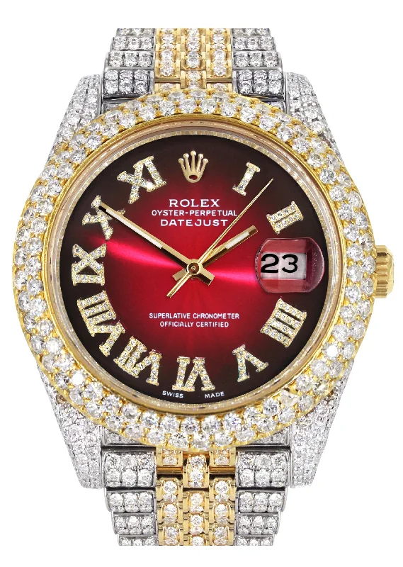 Diamond Iced Out Rolex Datejust 41 | 25 Carats Of Diamonds | Red Black Dial | Two Tone | Two Row | Jubilee Band