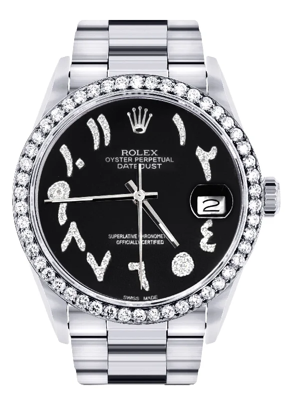 Diamond Mens  Rolex Datejust Watch 16200 | 36Mm | Black Arabic Diamond Dial | Oyster Band