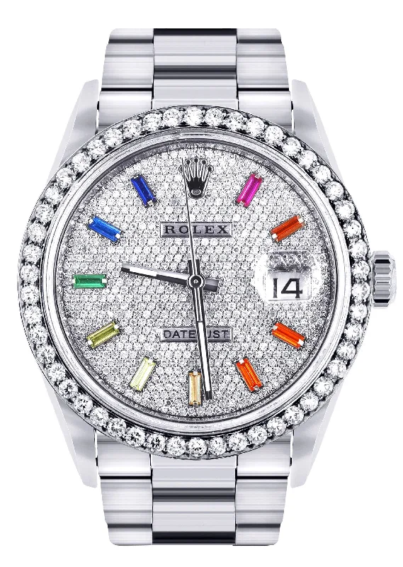 Diamond Mens Rolex Datejust Watch 16200  | 36MM | Full Diamond Color Baguettes Dial | Oyster Band