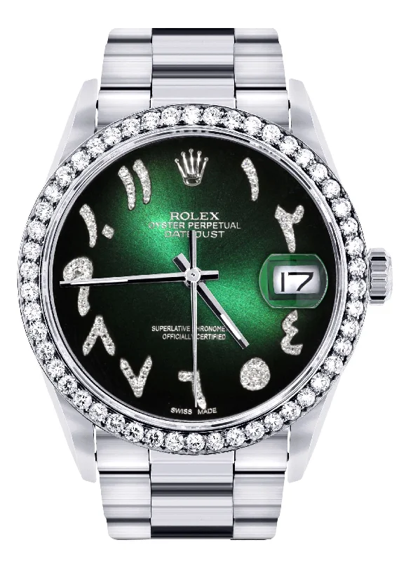 Diamond Mens  Rolex Datejust Watch 16200 | 36Mm | Green Black Arabic Diamond Dial | Oyster Band