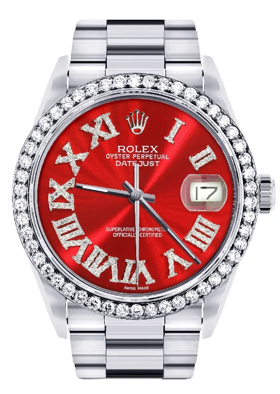 Diamond Mens  Rolex Datejust Watch 16200 | 36Mm | Red Roman Numeral Dial | Oyster Band