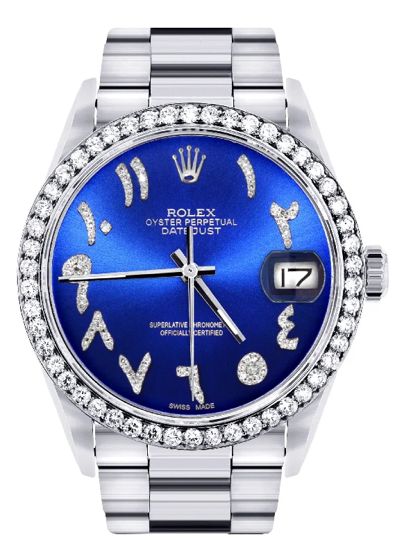 Diamond Mens  Rolex Datejust Watch 16200 | 36Mm | Royal Blue Arabic Diamond Dial | Oyster Band