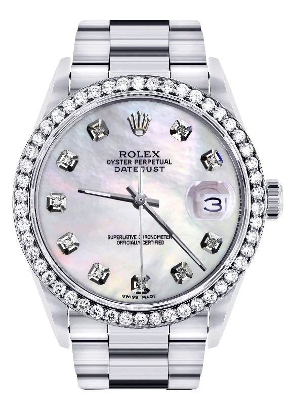 Diamond Mens  Rolex Datejust Watch 16200 | 36Mm | White Mother Of Pearl Dial | Oyster Band